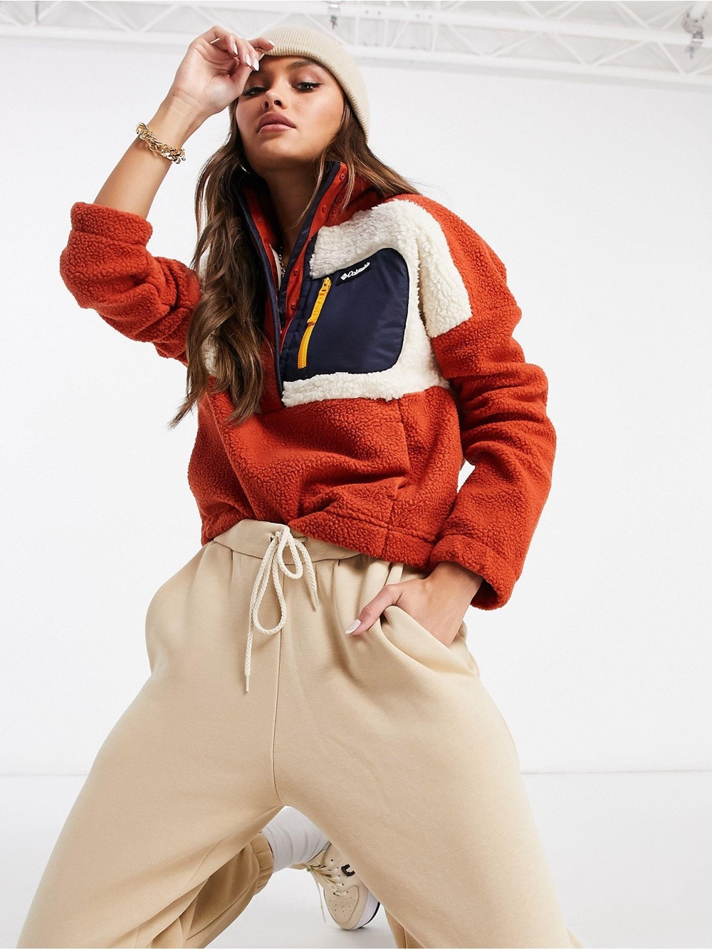 Columbia Women's Rust Sherpa Jacket with Navy Zip Pocket and Cream Trim